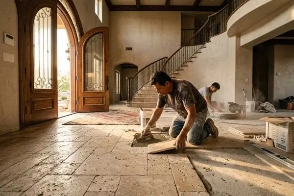Natural stone flooring installed in a grand entryway in Arizona